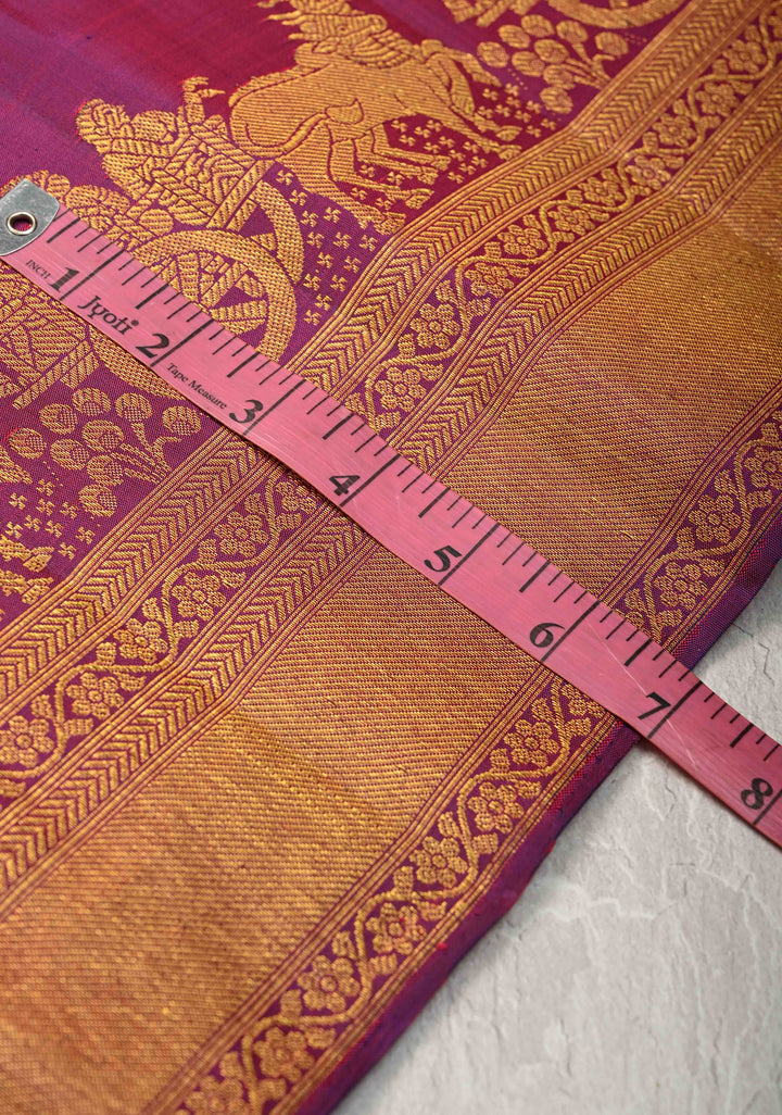 Purple Dual Tone Kanjivaram Silk Saree with Zari Buttas and Bullock Cart Procession Zari Border | SILK MARK CERTIFIED