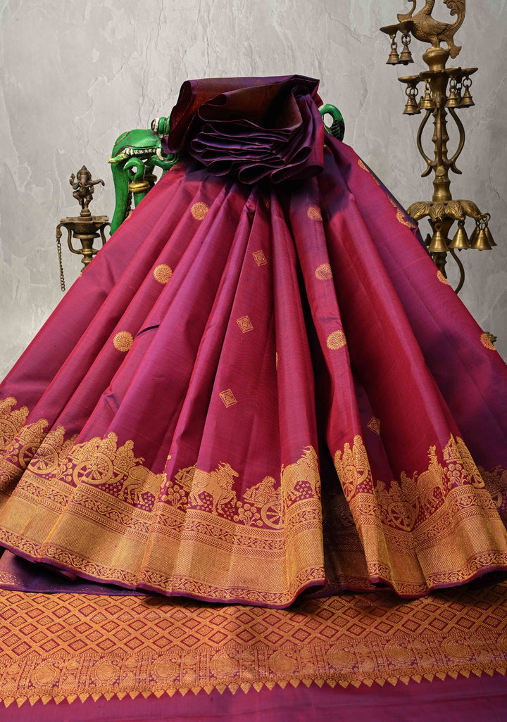 Purple Dual Tone Kanjivaram Silk Saree with Zari Buttas and Bullock Cart Procession Zari Border | SILK MARK CERTIFIED