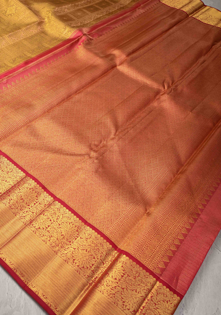 Gold Korvai Tissue Kanjivaram Pure Silk Saree with Geomatric Brocade and Contrast Zari Border | SILK MARK CERTIFIED