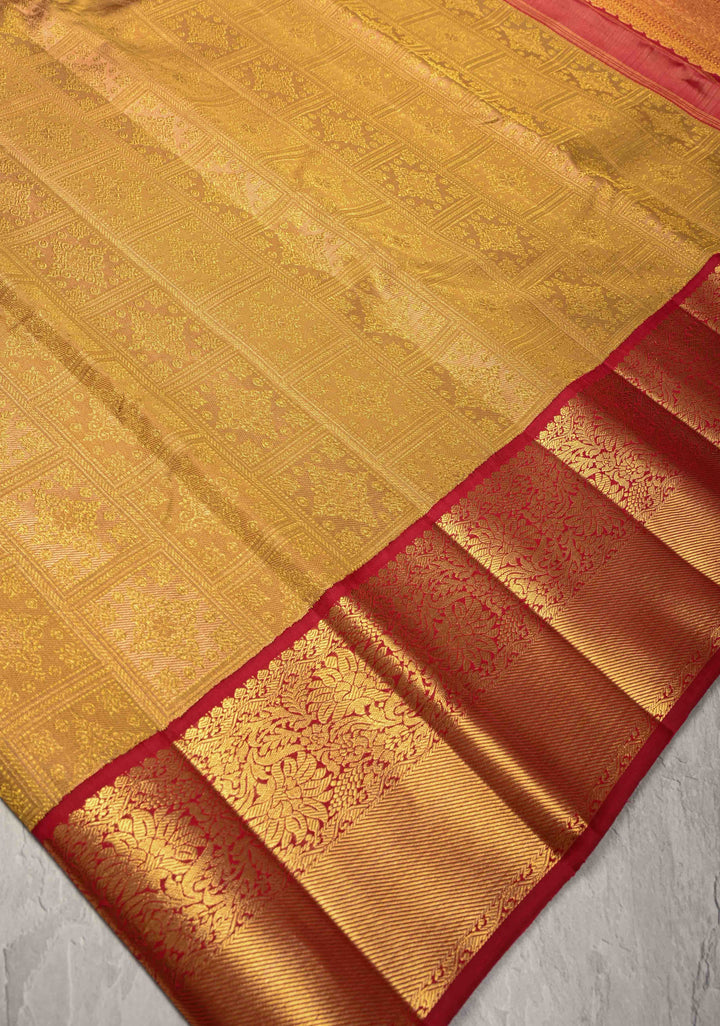 Gold Korvai Tissue Kanjivaram Pure Silk Saree with Geomatric Brocade and Contrast Zari Border | SILK MARK CERTIFIED