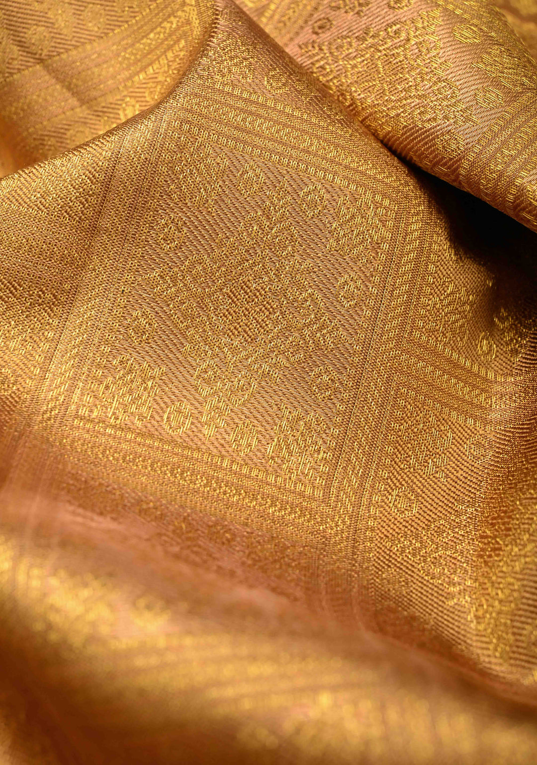 Gold Korvai Tissue Kanjivaram Pure Silk Saree with Geomatric Brocade and Contrast Zari Border | SILK MARK CERTIFIED