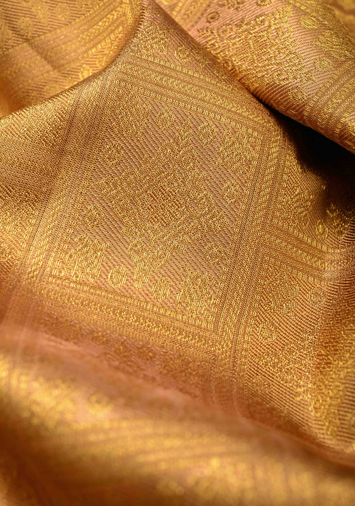 Gold Korvai Tissue Kanjivaram Pure Silk Saree with Geomatric Brocade and Contrast Zari Border | SILK MARK CERTIFIED