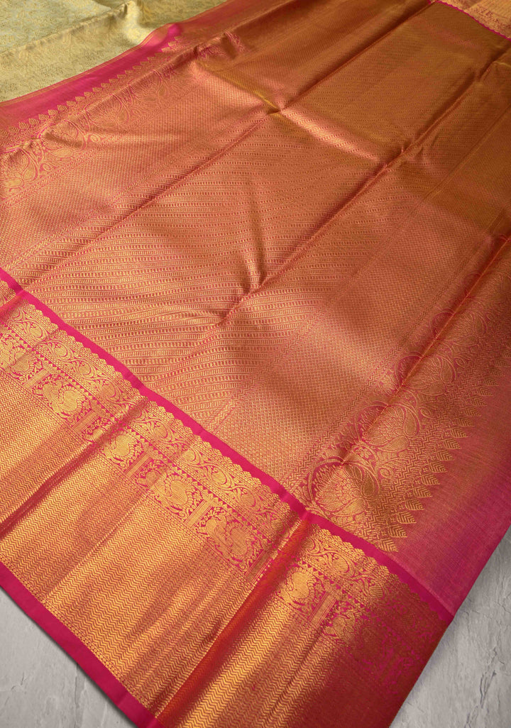 Pure Zari Stunning Green Gold  Tissue Kanjivaram Pure Silk Saree with Brocade Jaal and Contrast Korvai Zari Border | SILK MARK CERTIFIED