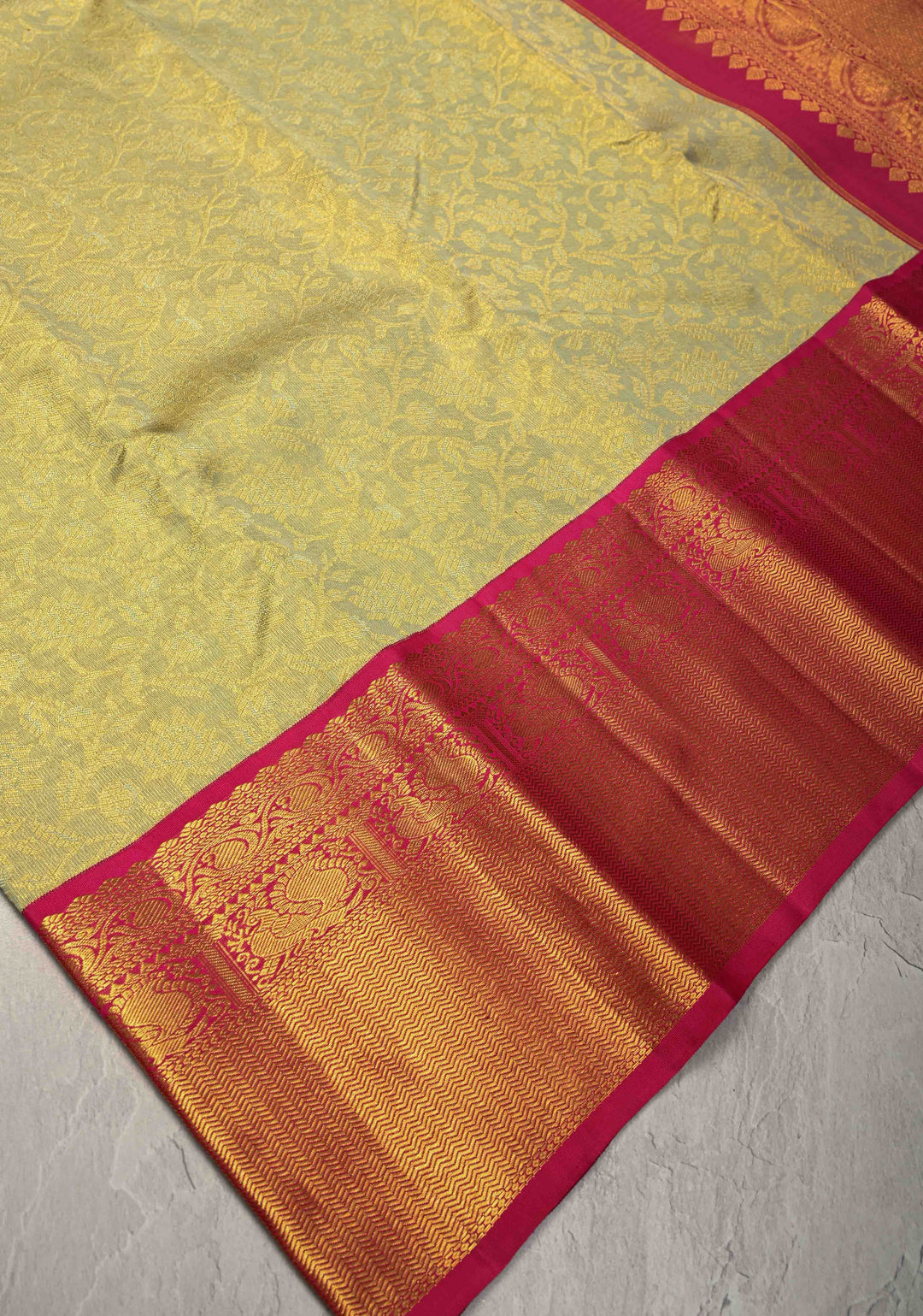 Pure Zari Stunning Green Gold  Tissue Kanjivaram Pure Silk Saree with Brocade Jaal and Contrast Korvai Zari Border | SILK MARK CERTIFIED