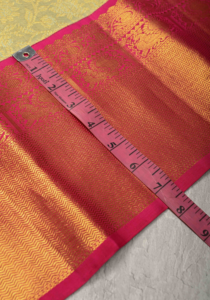 Pure Zari Stunning Green Gold  Tissue Kanjivaram Pure Silk Saree with Brocade Jaal and Contrast Korvai Zari Border | SILK MARK CERTIFIED