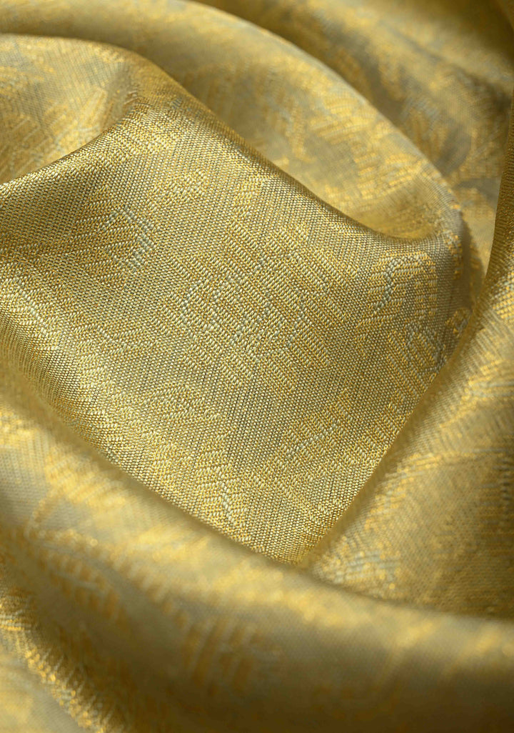 Pure Zari Stunning Green Gold  Tissue Kanjivaram Pure Silk Saree with Brocade Jaal and Contrast Korvai Zari Border | SILK MARK CERTIFIED