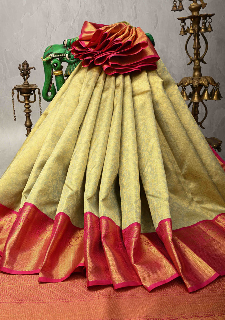 Pure Zari Stunning Green Gold  Tissue Kanjivaram Pure Silk Saree with Brocade Jaal and Contrast Korvai Zari Border | SILK MARK CERTIFIED