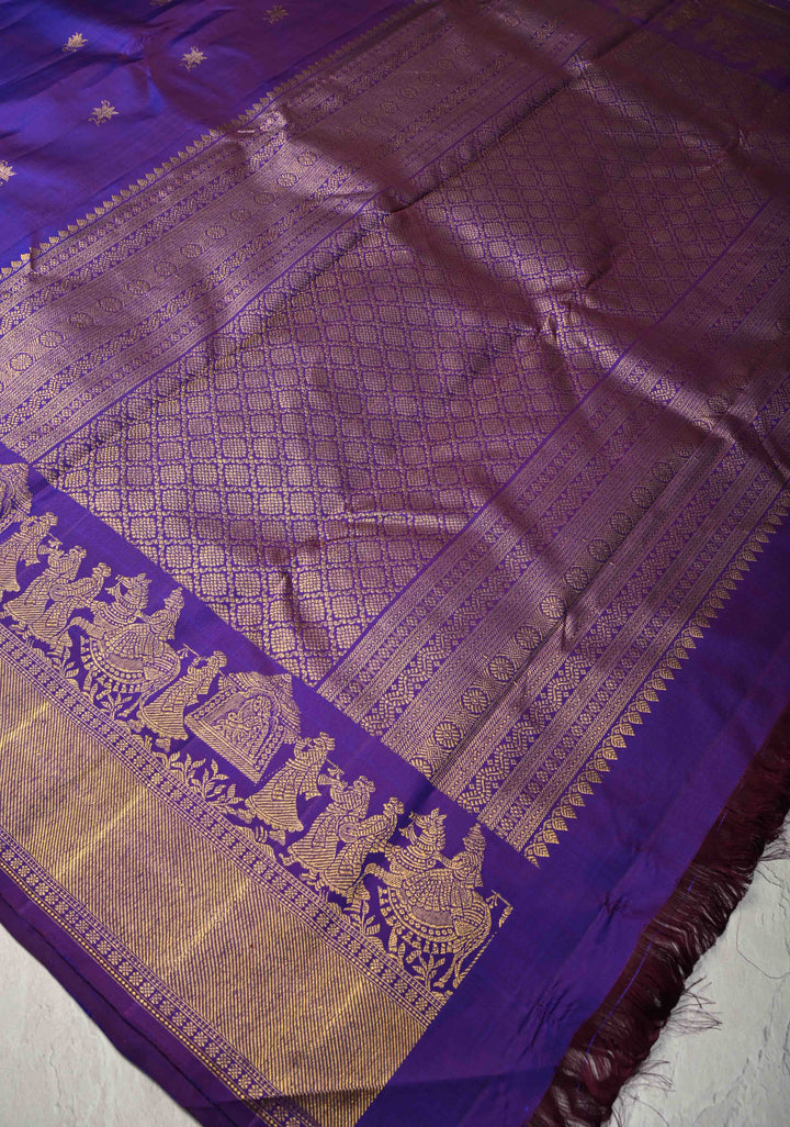 Purple Dual Tone Kanjivaram Silk Saree with Zari Buttas and Bullock Cart Procession Zari Border | SILK MARK CERTIFIED