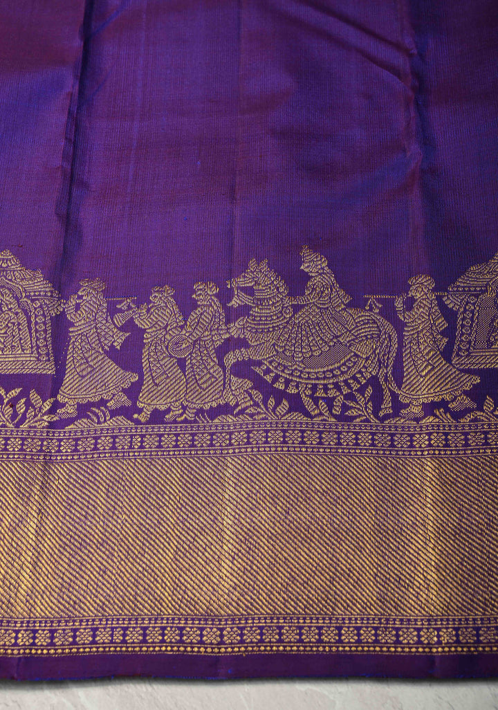 Purple Dual Tone Kanjivaram Silk Saree with Zari Buttas and Bullock Cart Procession Zari Border | SILK MARK CERTIFIED