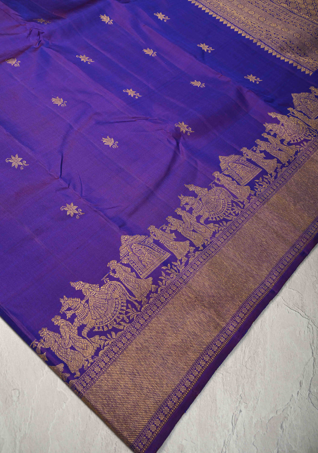 Purple Dual Tone Kanjivaram Silk Saree with Zari Buttas and Bullock Cart Procession Zari Border | SILK MARK CERTIFIED
