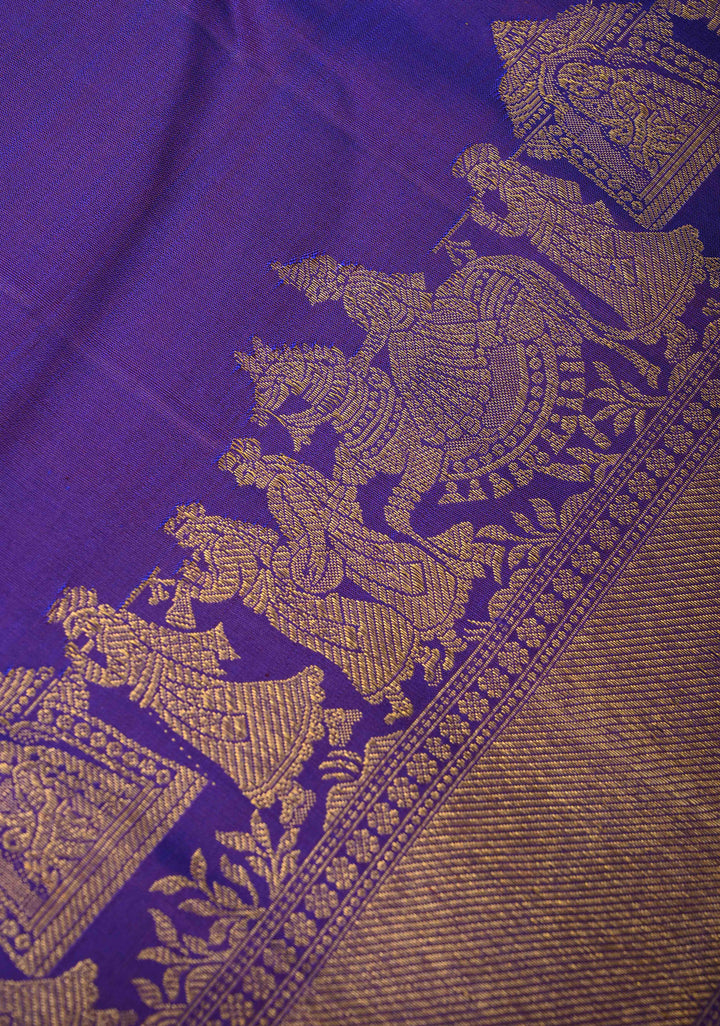 Purple Dual Tone Kanjivaram Silk Saree with Zari Buttas and Bullock Cart Procession Zari Border | SILK MARK CERTIFIED
