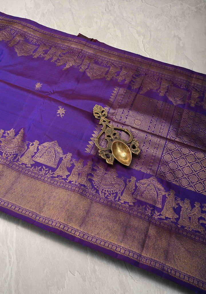 Purple Dual Tone Kanjivaram Silk Saree with Zari Buttas and Bullock Cart Procession Zari Border | SILK MARK CERTIFIED