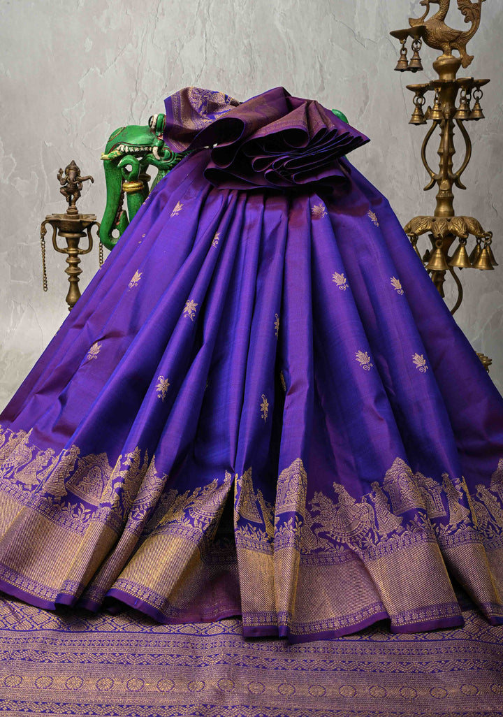 Purple Dual Tone Kanjivaram Silk Saree with Zari Buttas and Bullock Cart Procession Zari Border | SILK MARK CERTIFIED