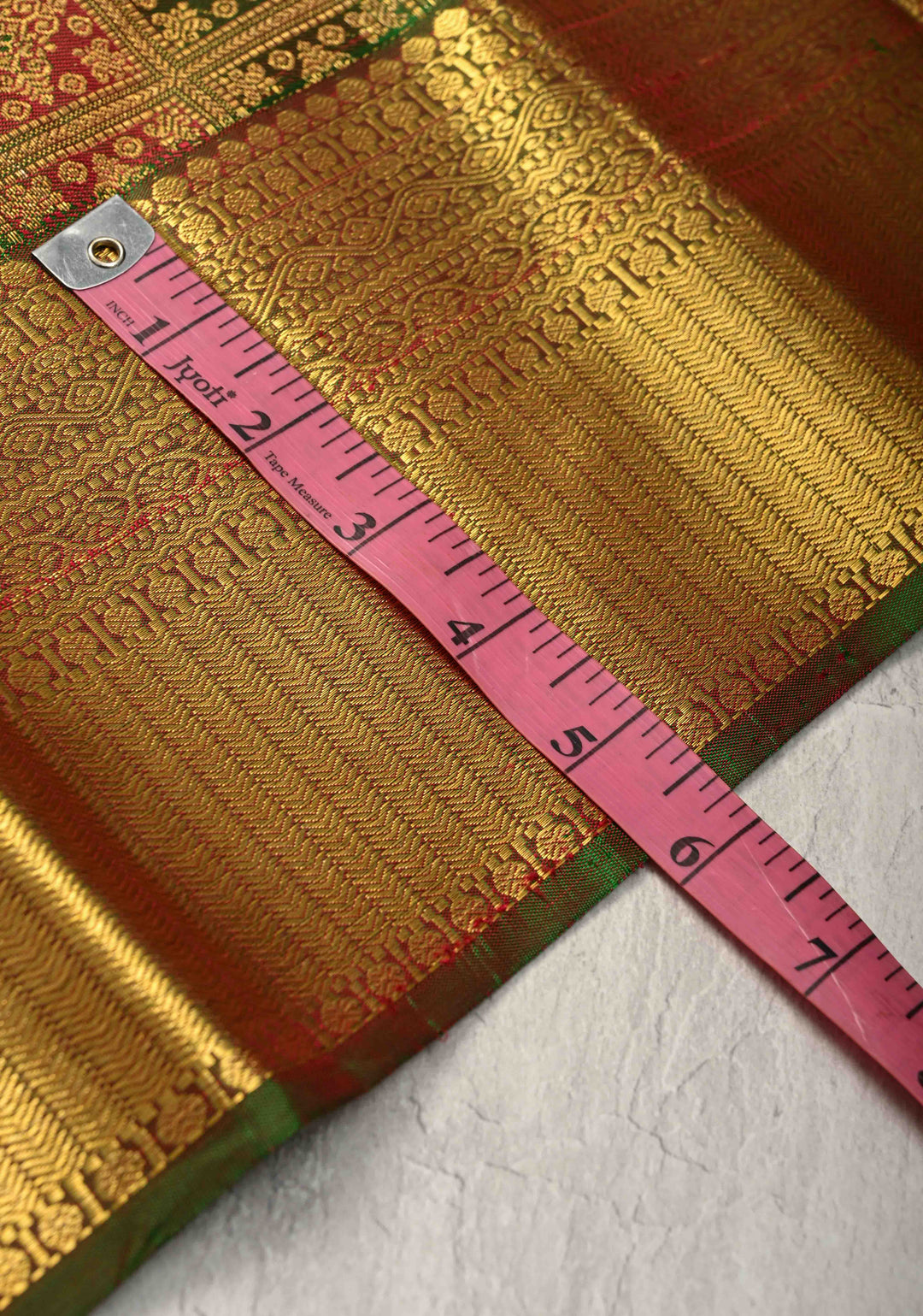 Maadular Green Red Pure Kanjivaram Silk Saree with Geomatric Brocade and Zari Border | SILK MARK CERTIFIED
