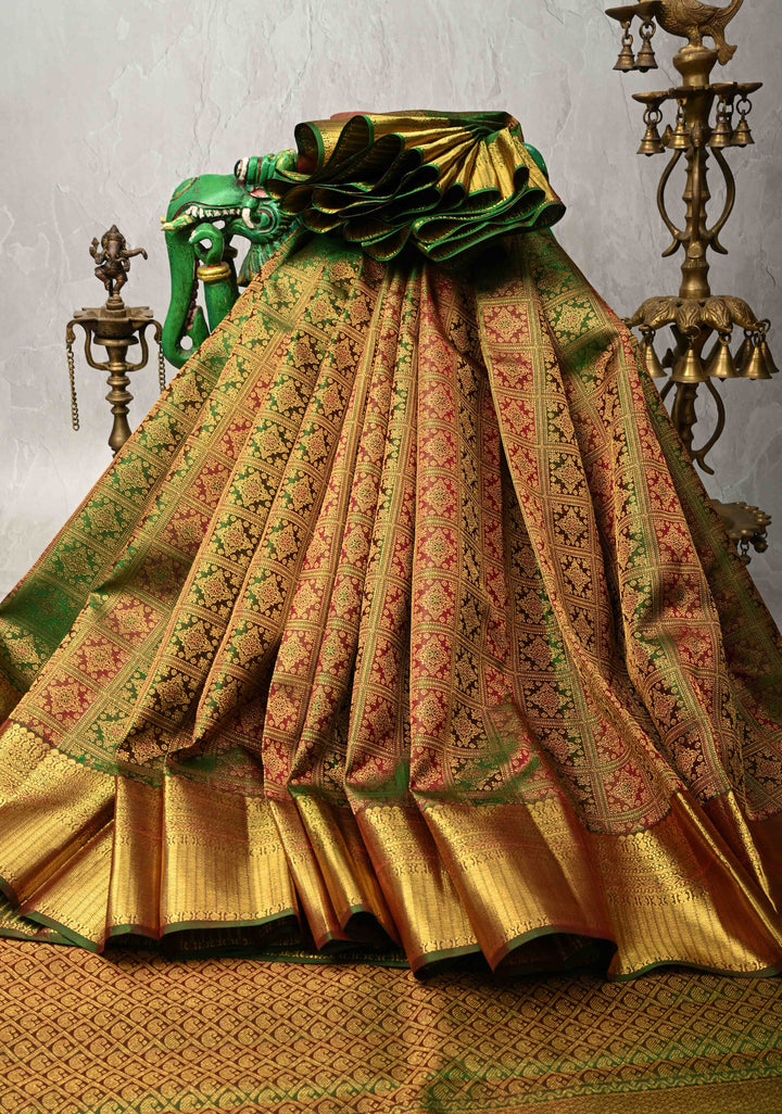 Maadular Green Red Pure Kanjivaram Silk Saree with Geomatric Brocade and Zari Border | SILK MARK CERTIFIED