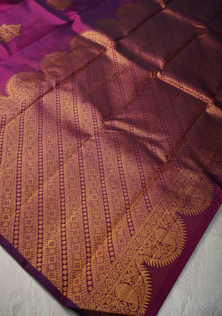 Purple Kanjivaram Silk Saree with Intricate Arch Chariot Twin Peacock and Zari Border | SILK MARK CERTIFIED