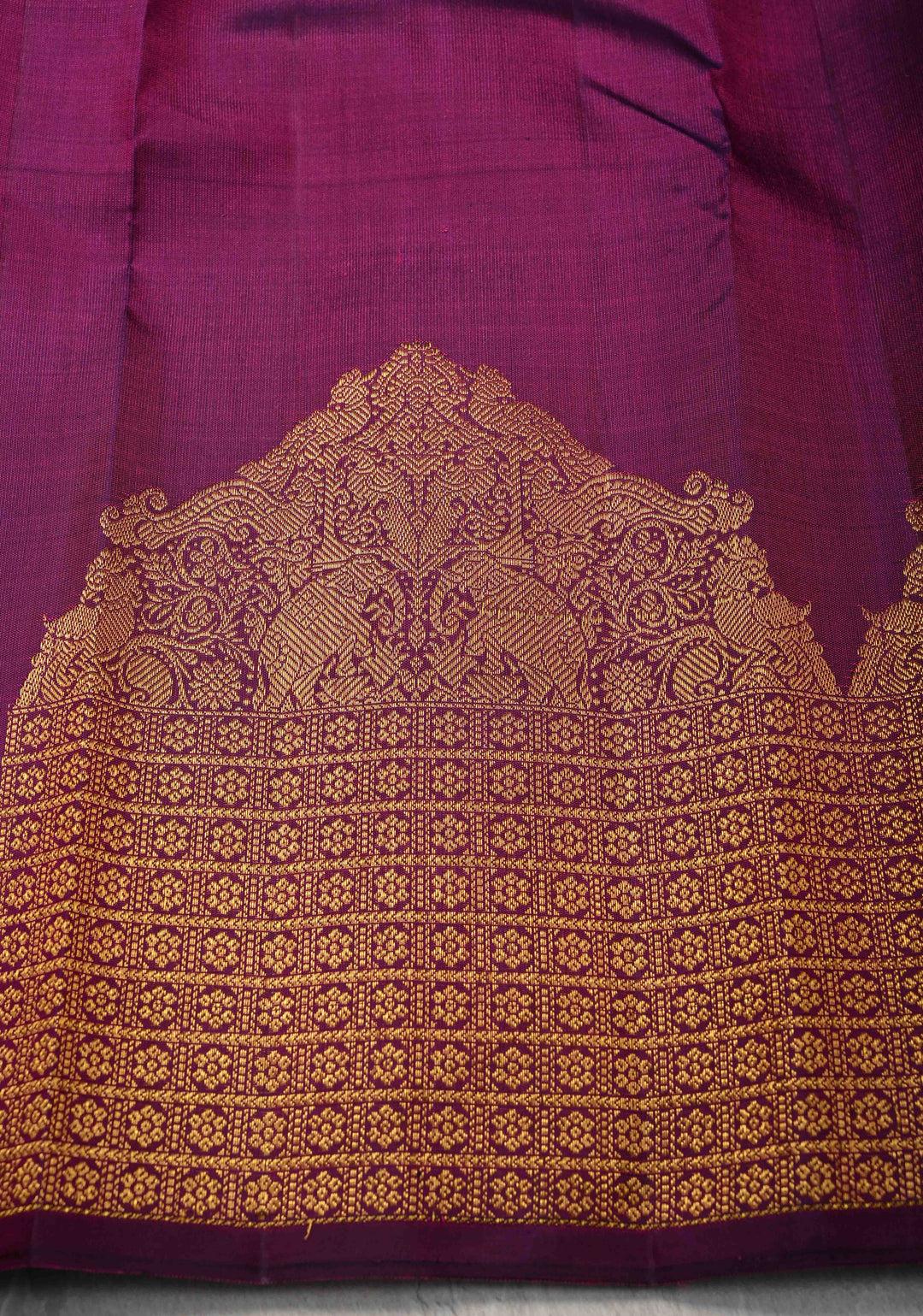 Purple Kanjivaram Silk Saree with Intricate Arch Chariot Twin Peacock and Zari Border | SILK MARK CERTIFIED
