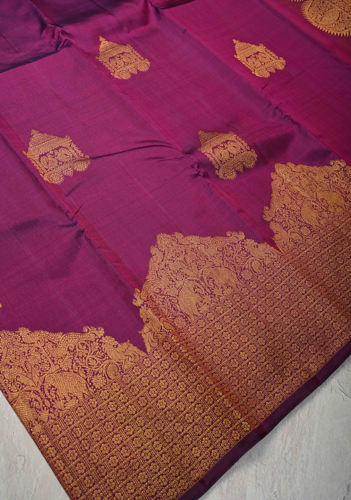 Purple Kanjivaram Silk Saree with Intricate Arch Chariot Twin Peacock and Zari Border | SILK MARK CERTIFIED