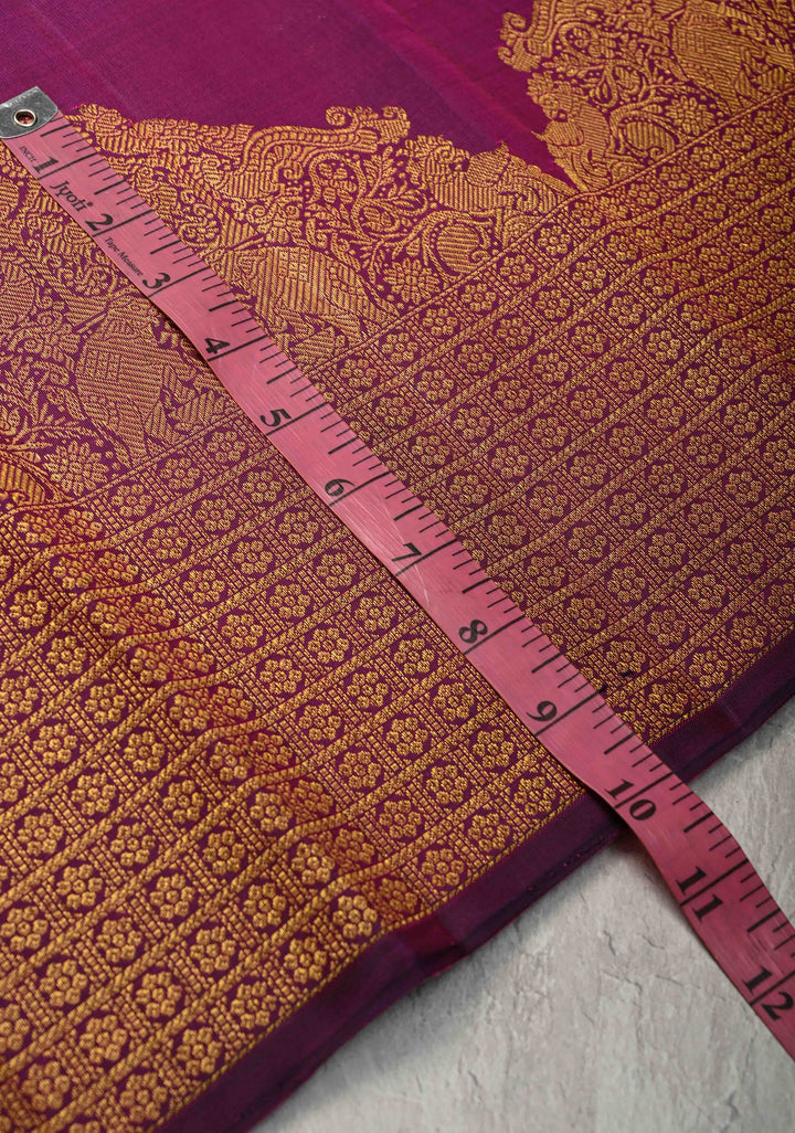 Purple Kanjivaram Silk Saree with Intricate Arch Chariot Twin Peacock and Zari Border | SILK MARK CERTIFIED