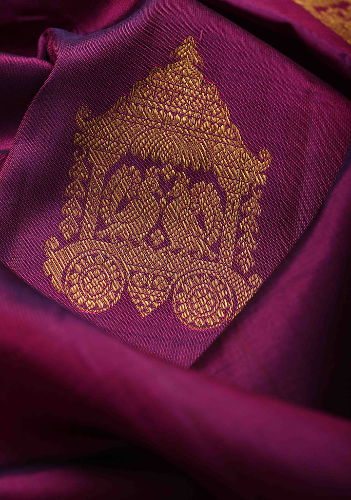 Purple Kanjivaram Silk Saree with Intricate Arch Chariot Twin Peacock and Zari Border | SILK MARK CERTIFIED