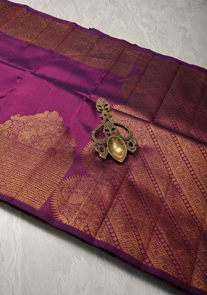 Purple Kanjivaram Silk Saree with Intricate Arch Chariot Twin Peacock and Zari Border | SILK MARK CERTIFIED
