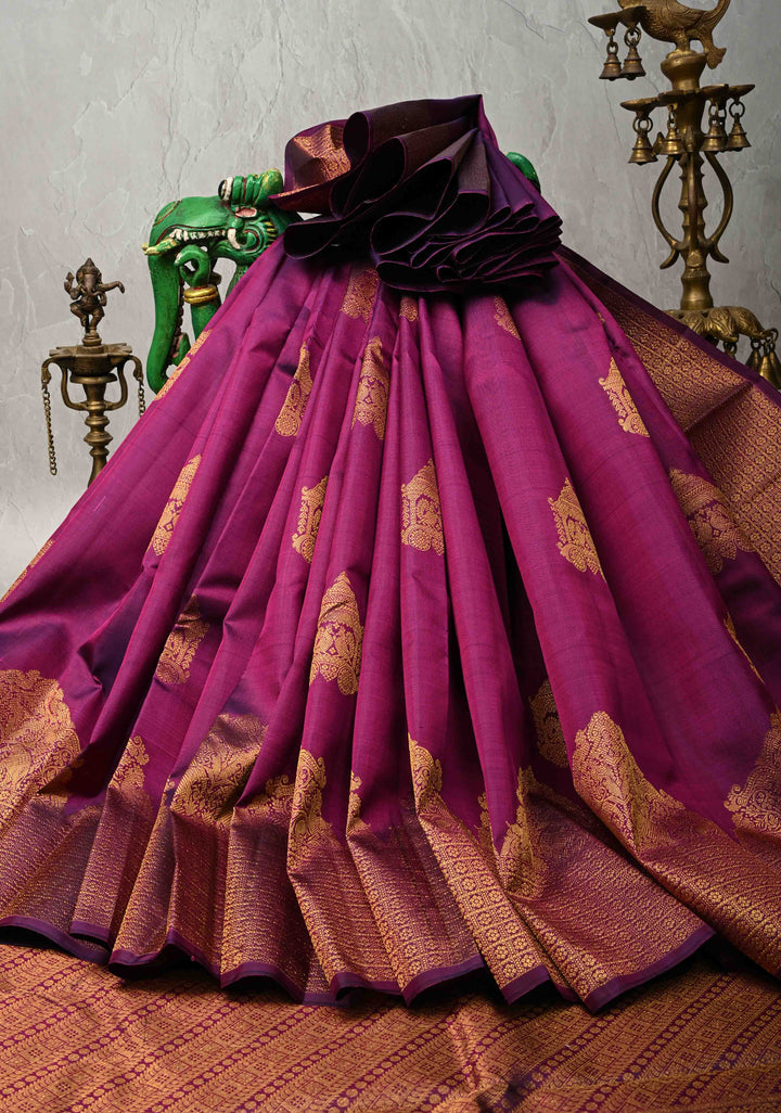 Purple Kanjivaram Silk Saree with Intricate Arch Chariot Twin Peacock and Zari Border | SILK MARK CERTIFIED
