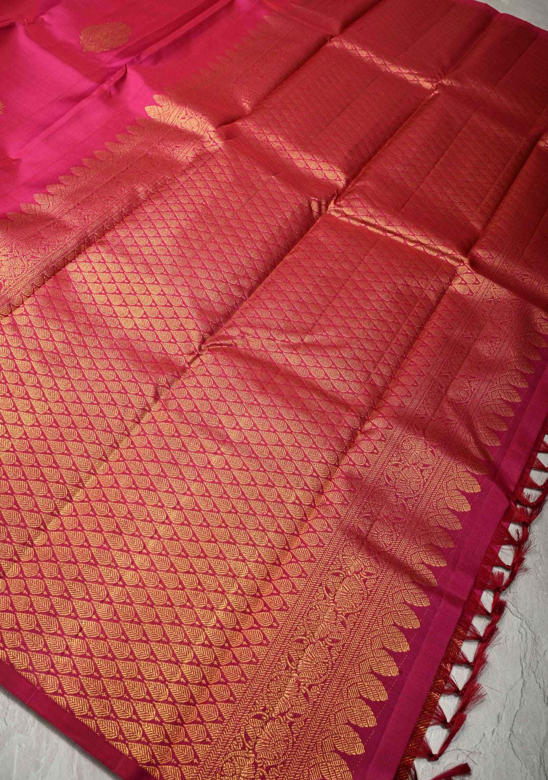 Deep Pink Pure Kanjivaram Silk Saree with Damask Motifs and Procession Zari Border | SILK MARK CERTIFIED
