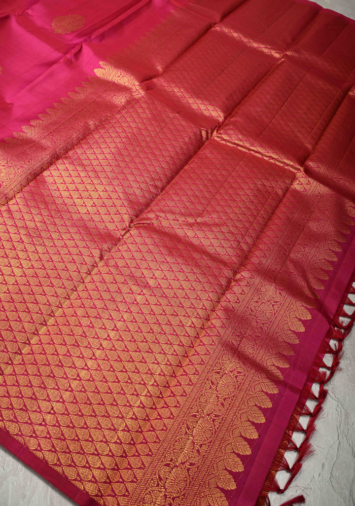 Deep Pink Pure Kanjivaram Silk Saree with Damask Motifs and Procession Zari Border | SILK MARK CERTIFIED