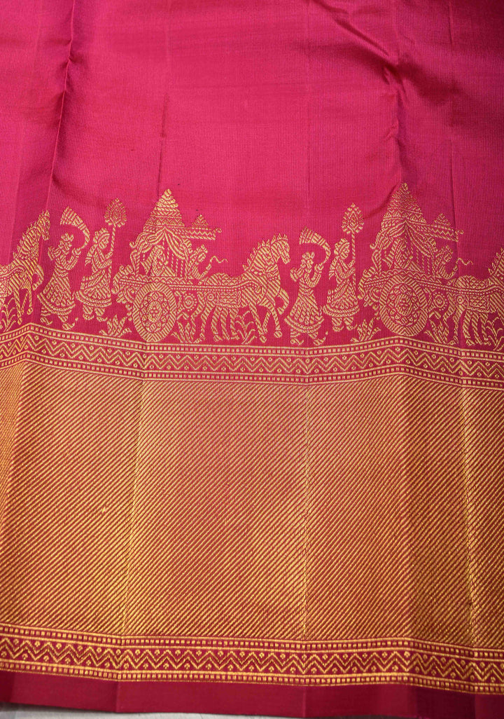 Deep Pink Pure Kanjivaram Silk Saree with Damask Motifs and Procession Zari Border | SILK MARK CERTIFIED