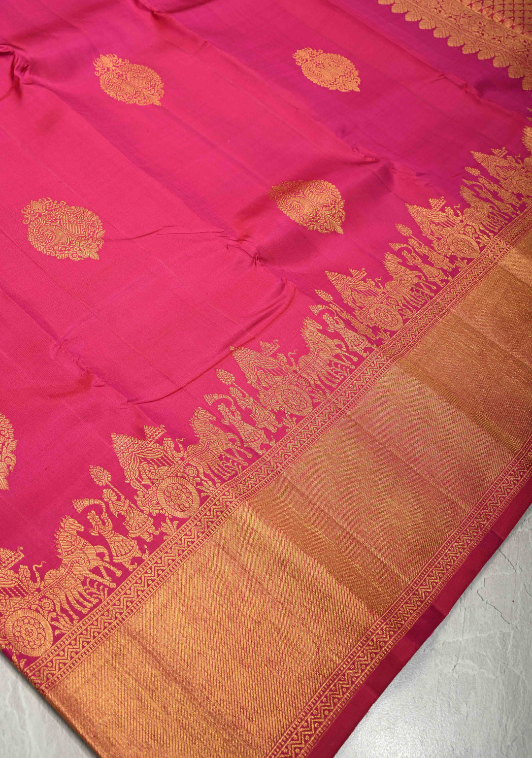 Deep Pink Pure Kanjivaram Silk Saree with Damask Motifs and Procession Zari Border | SILK MARK CERTIFIED