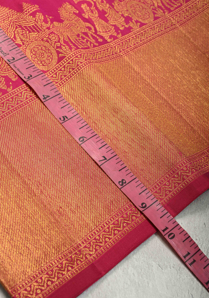 Deep Pink Pure Kanjivaram Silk Saree with Damask Motifs and Procession Zari Border | SILK MARK CERTIFIED