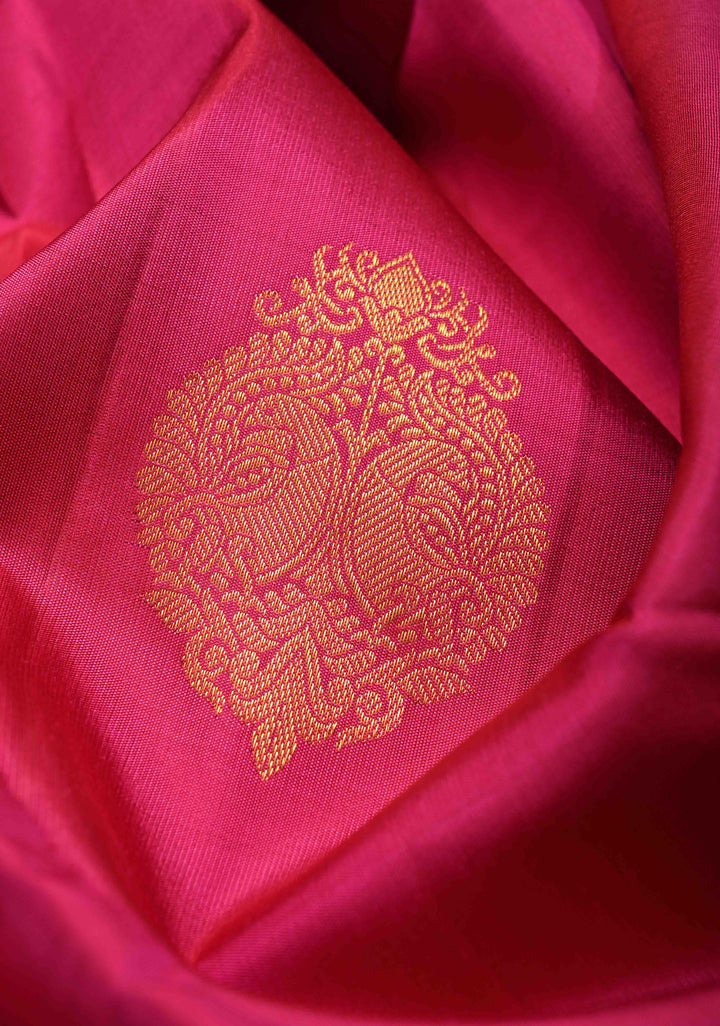 Deep Pink Pure Kanjivaram Silk Saree with Damask Motifs and Procession Zari Border | SILK MARK CERTIFIED