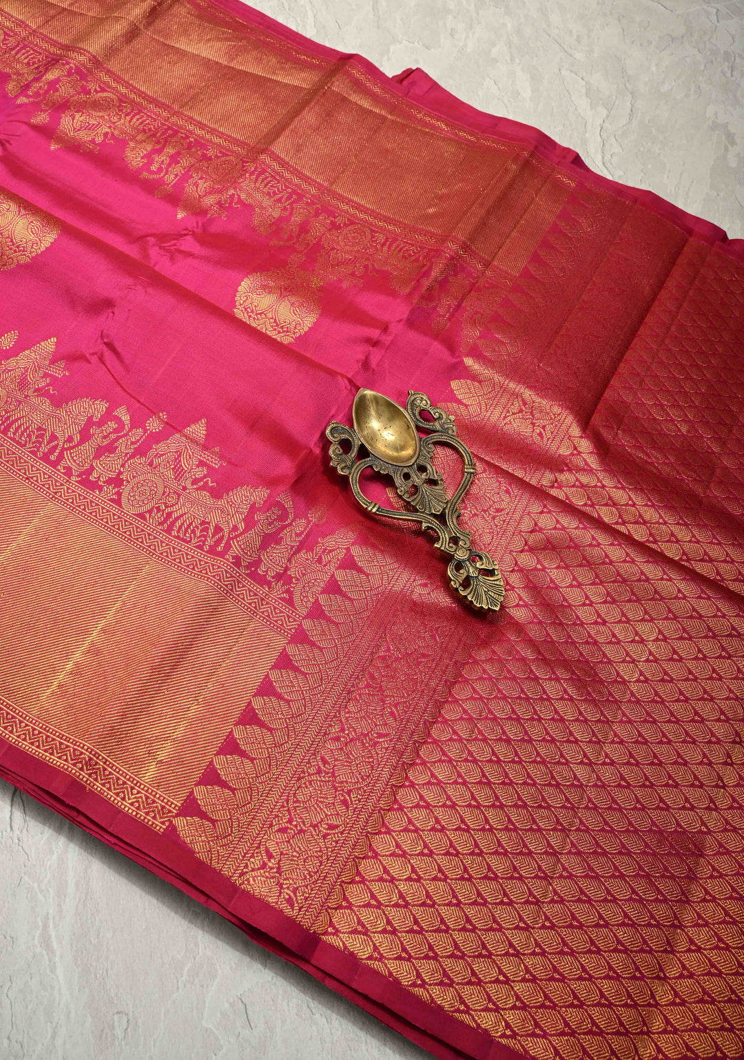 Deep Pink Pure Kanjivaram Silk Saree with Damask Motifs and Procession Zari Border | SILK MARK CERTIFIED