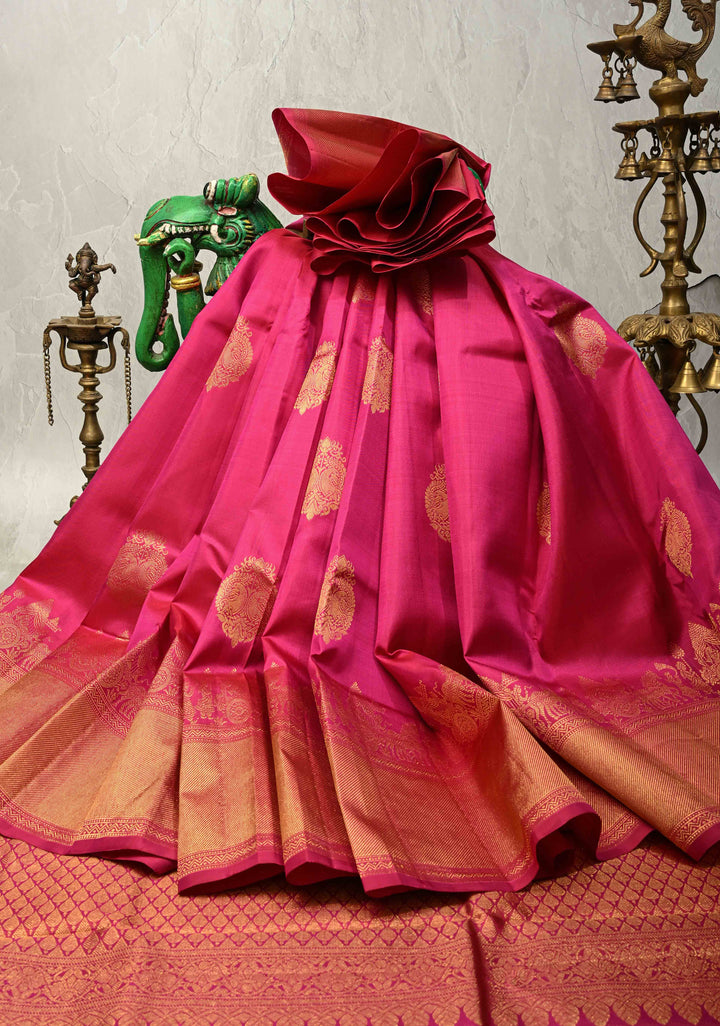 Deep Pink Pure Kanjivaram Silk Saree with Damask Motifs and Procession Zari Border | SILK MARK CERTIFIED