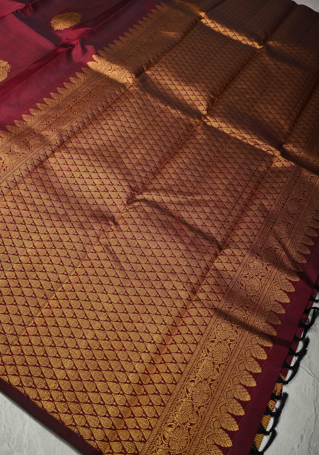 Garnet Pure Kanjivaram Silk Saree with Damask Motifs and Procession Zari Border | SILK MARK CERTIFIED