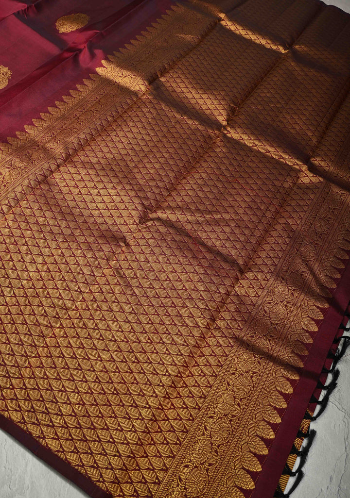 Garnet Pure Kanjivaram Silk Saree with Damask Motifs and Procession Zari Border | SILK MARK CERTIFIED