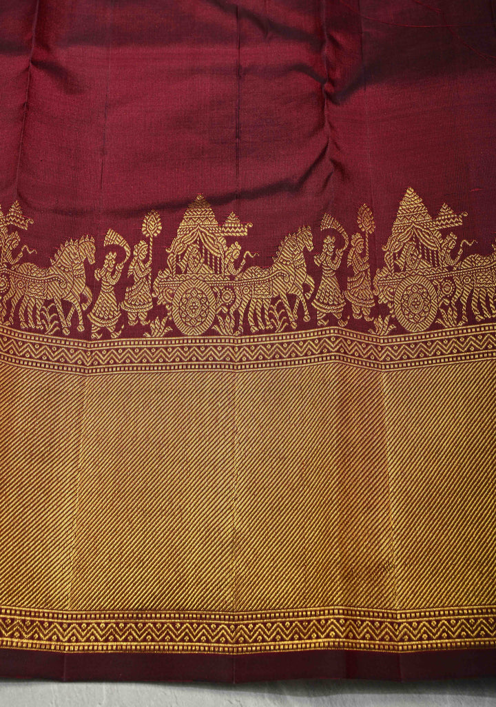 Garnet Pure Kanjivaram Silk Saree with Damask Motifs and Procession Zari Border | SILK MARK CERTIFIED