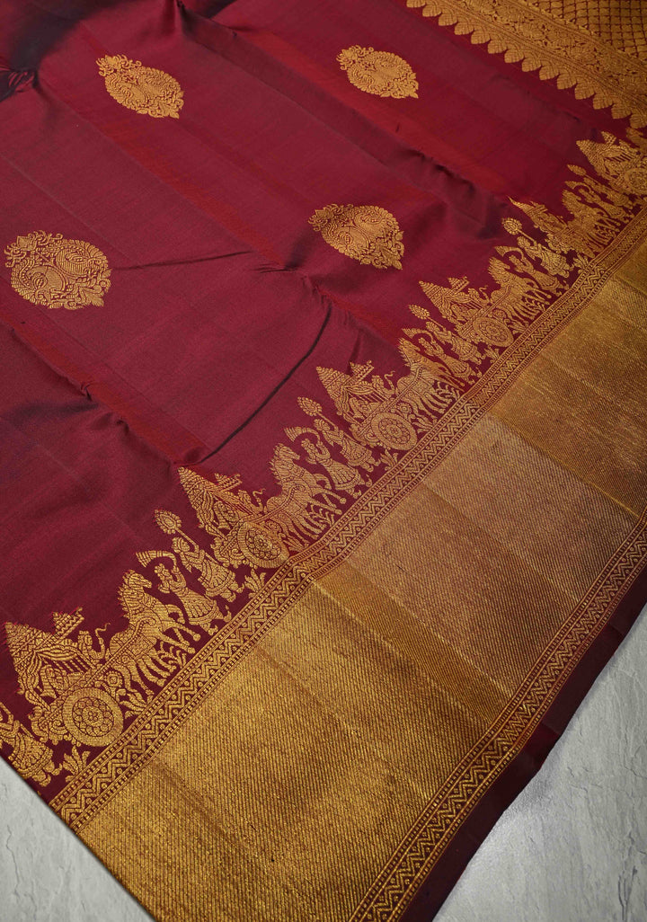 Garnet Pure Kanjivaram Silk Saree with Damask Motifs and Procession Zari Border | SILK MARK CERTIFIED