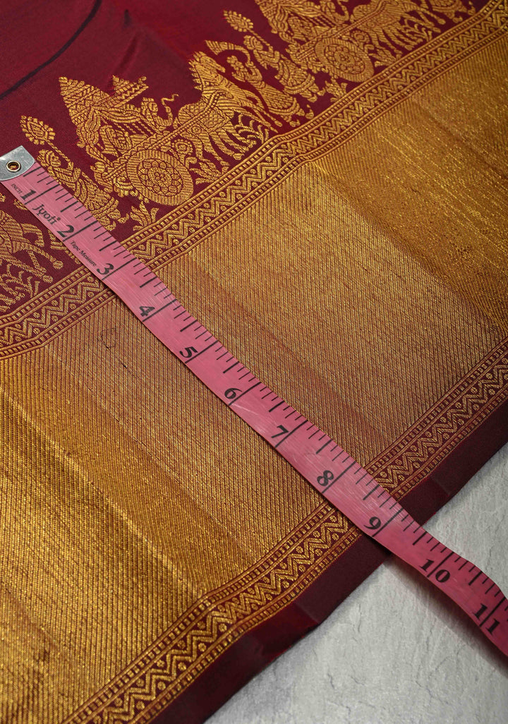 Garnet Pure Kanjivaram Silk Saree with Damask Motifs and Procession Zari Border | SILK MARK CERTIFIED