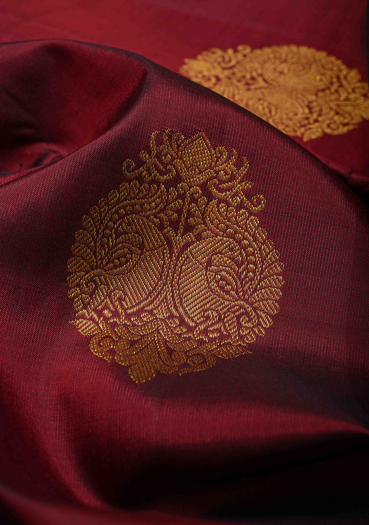 Garnet Pure Kanjivaram Silk Saree with Damask Motifs and Procession Zari Border | SILK MARK CERTIFIED