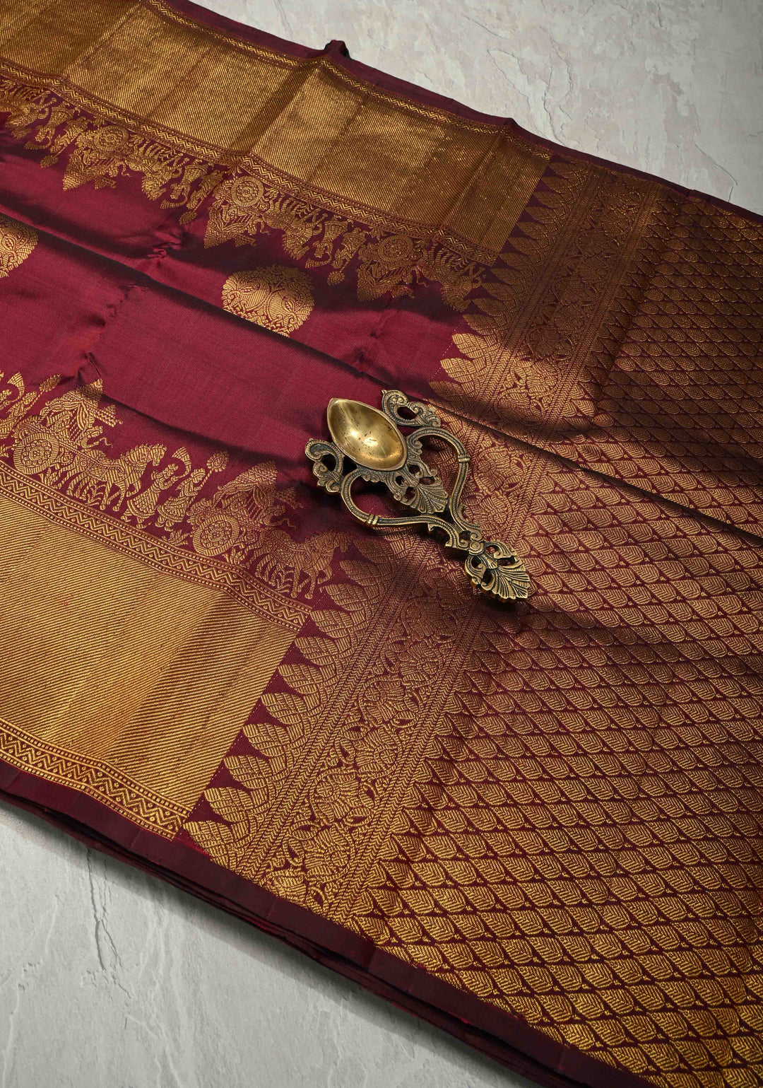 Garnet Pure Kanjivaram Silk Saree with Damask Motifs and Procession Zari Border | SILK MARK CERTIFIED