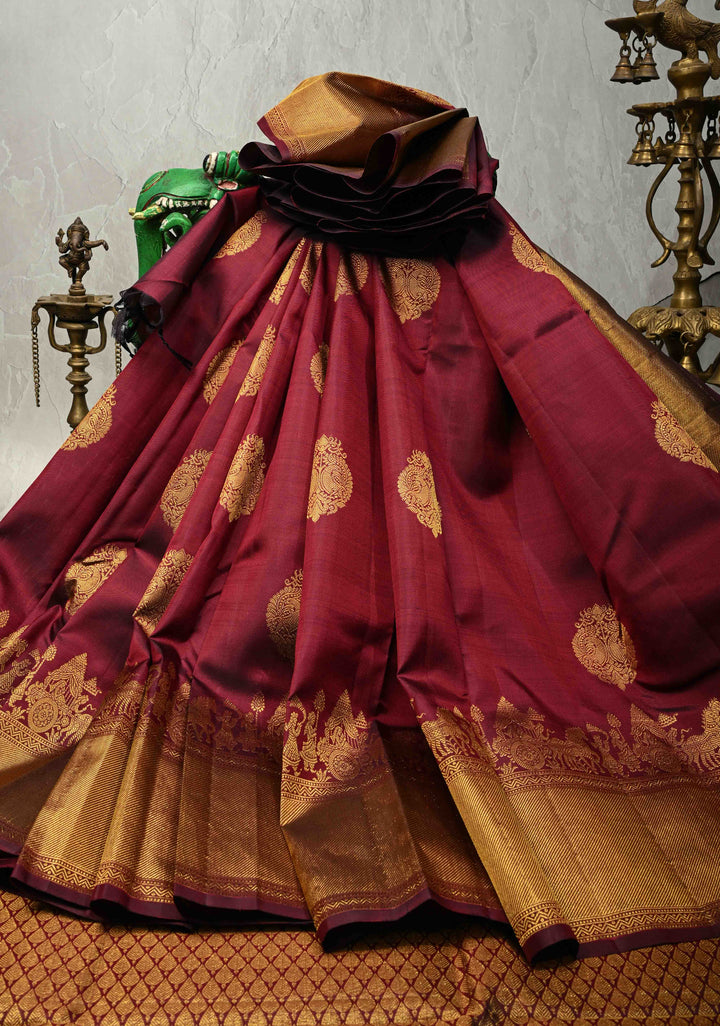 Garnet Pure Kanjivaram Silk Saree with Damask Motifs and Procession Zari Border | SILK MARK CERTIFIED