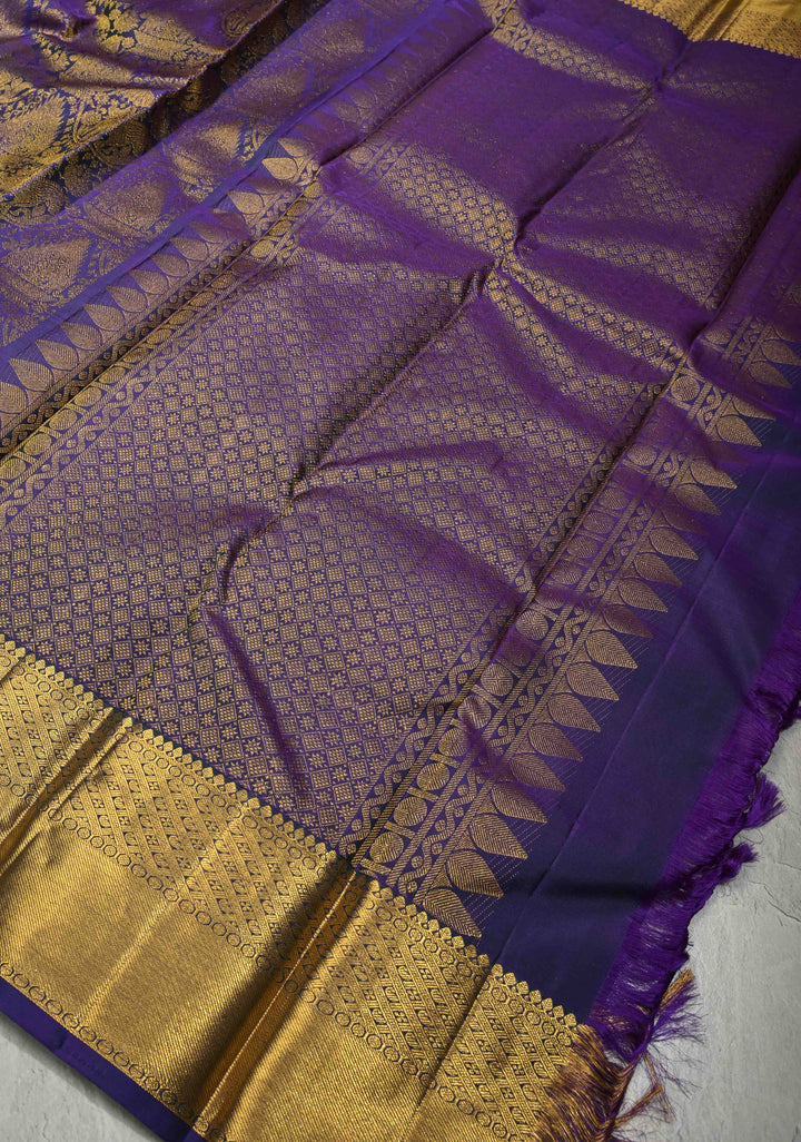 Blue Dual Tone Kanjivaram Pure Silk Saree With Vanasingaram Brocade and Wide Zari Border | SILK MARK CERTIFIED