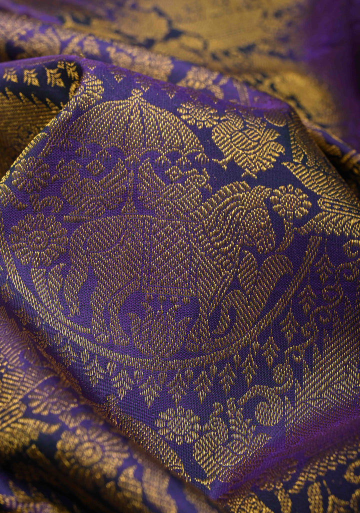 Blue Dual Tone Kanjivaram Pure Silk Saree With Vanasingaram Brocade and Wide Zari Border | SILK MARK CERTIFIED