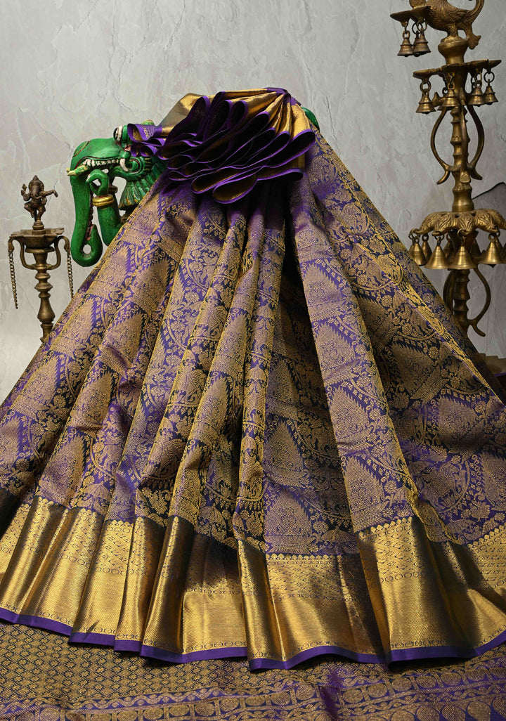 Blue Dual Tone Kanjivaram Pure Silk Saree With Vanasingaram Brocade and Wide Zari Border | SILK MARK CERTIFIED