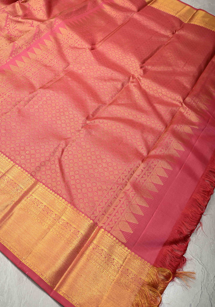 Dusty Rose Kanjivaram Pure Silk Saree With Vanasingaram Brocade and Wide Zari Border | SILK MARK CERTIFIED