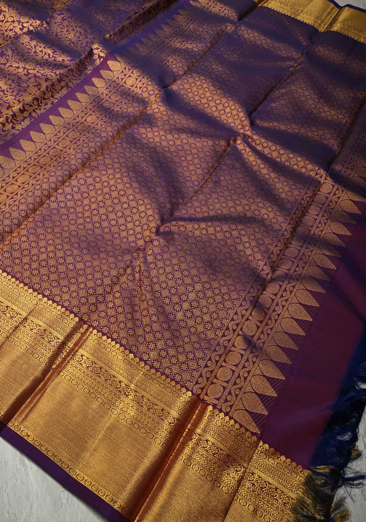 Purple Dual Tone Kanjivaram Pure Silk Saree With Vanasingaram Brocade and Wide Zari Border | SILK MARK CERTIFIED