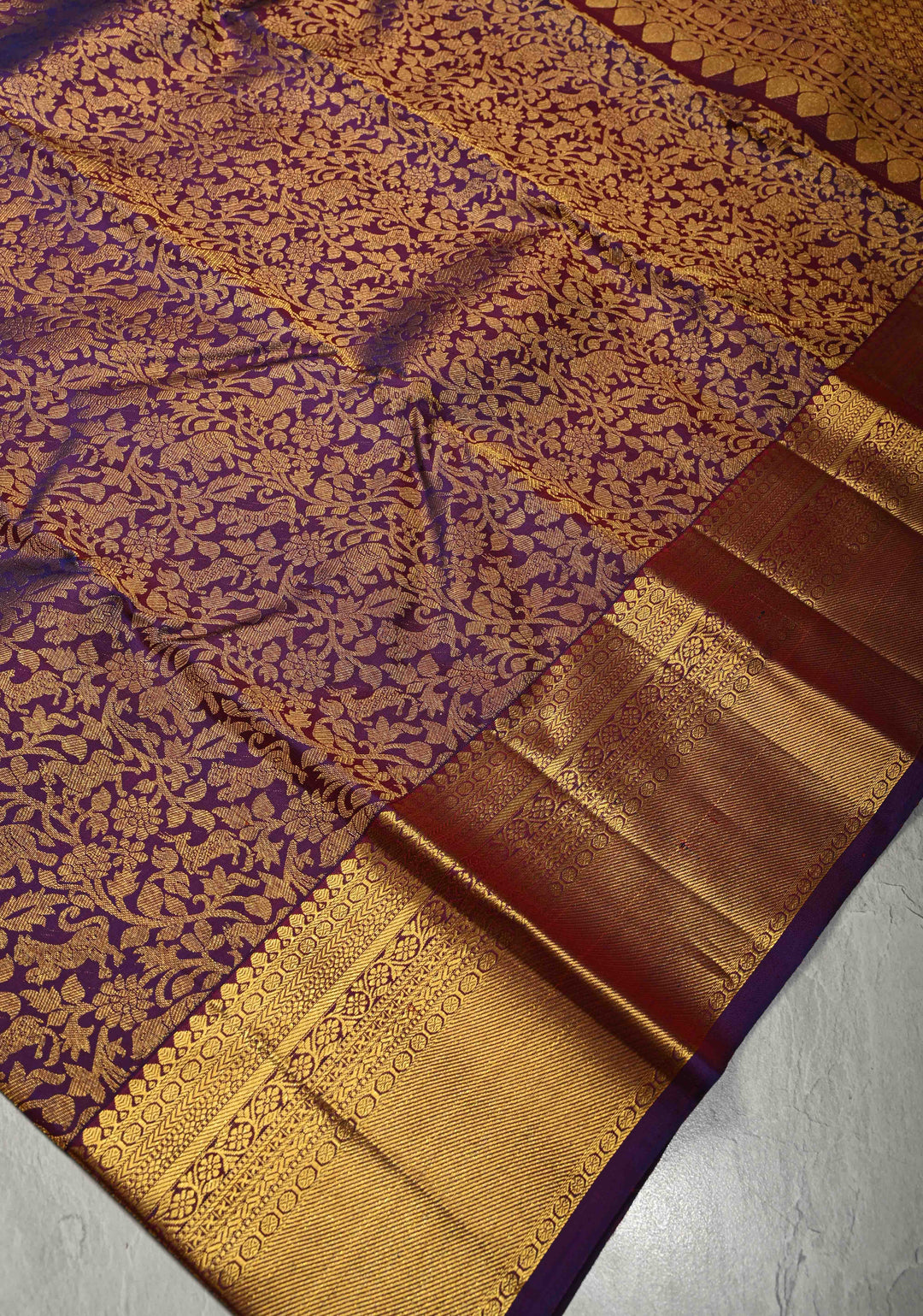 Purple Dual Tone Kanjivaram Pure Silk Saree With Vanasingaram Brocade and Wide Zari Border | SILK MARK CERTIFIED
