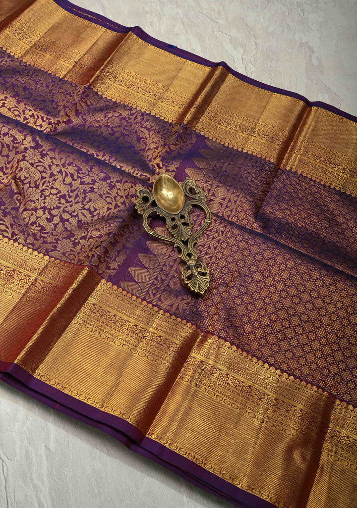 Purple Dual Tone Kanjivaram Pure Silk Saree With Vanasingaram Brocade and Wide Zari Border | SILK MARK CERTIFIED