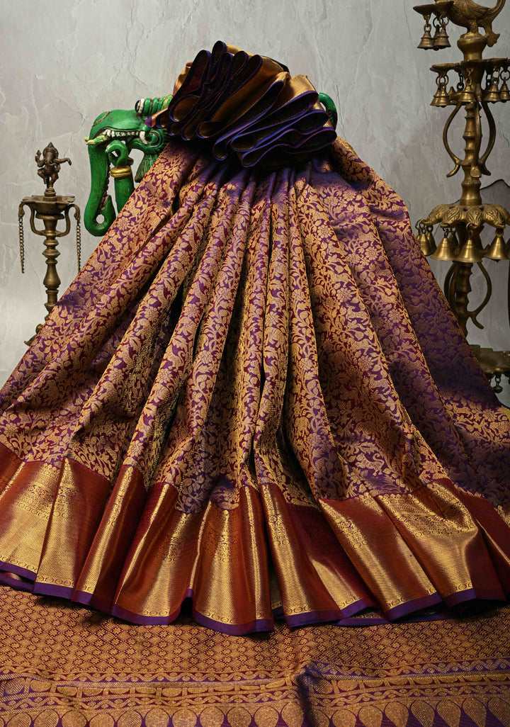 Purple Dual Tone Kanjivaram Pure Silk Saree With Vanasingaram Brocade and Wide Zari Border | SILK MARK CERTIFIED